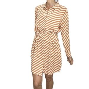 ICHI Denmark caramel cream stripe long sleeve belted shirt dress L